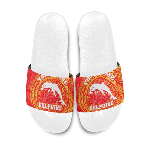 Personalized Dolphins Slide Sandals Polynesian Tribal Chest and Sleeve Tattoo