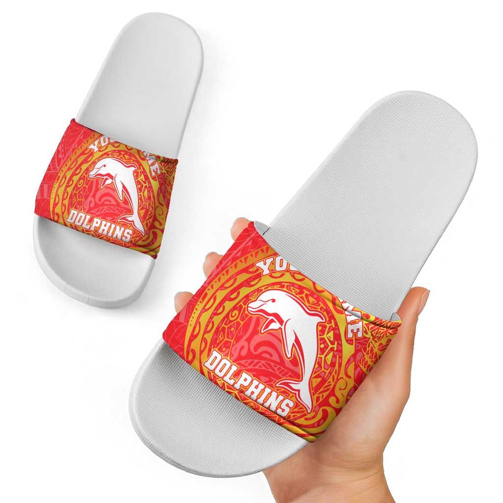 Personalized Dolphins Slide Sandals Polynesian Tribal Chest and Sleeve Tattoo