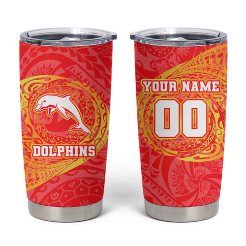 Personalized Dolphins Tumbler Cup Polynesian Tribal Chest and Sleeve Tattoo
