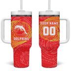 Personalized Dolphins Tumbler With Handle Polynesian Tribal Chest and Sleeve Tattoo