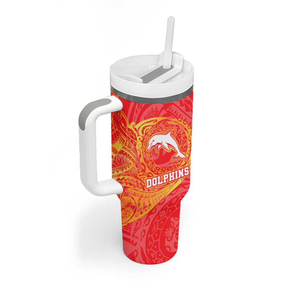 Personalized Dolphins Tumbler With Handle Polynesian Tribal Chest and Sleeve Tattoo