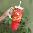 Personalized Dolphins Tumbler With Handle Polynesian Tribal Chest and Sleeve Tattoo