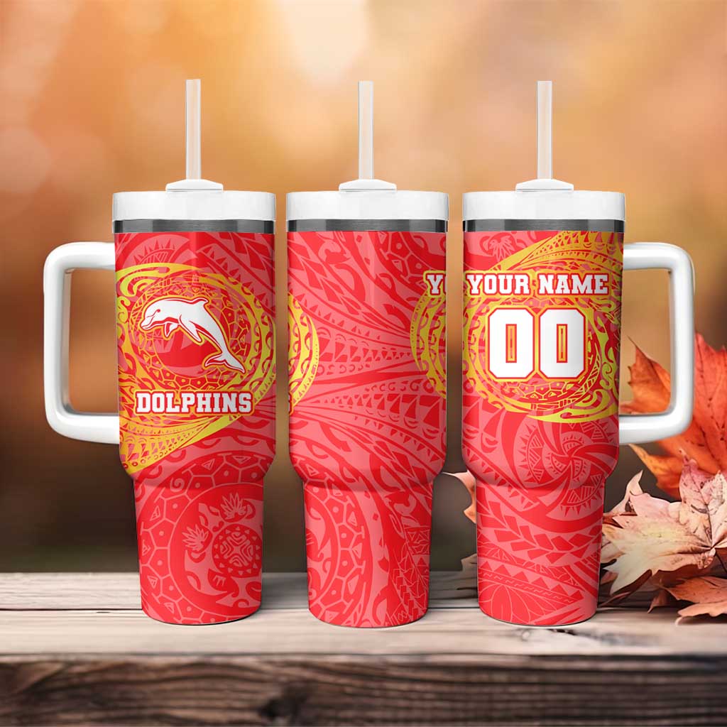 Personalized Dolphins Tumbler With Handle Polynesian Tribal Chest and Sleeve Tattoo