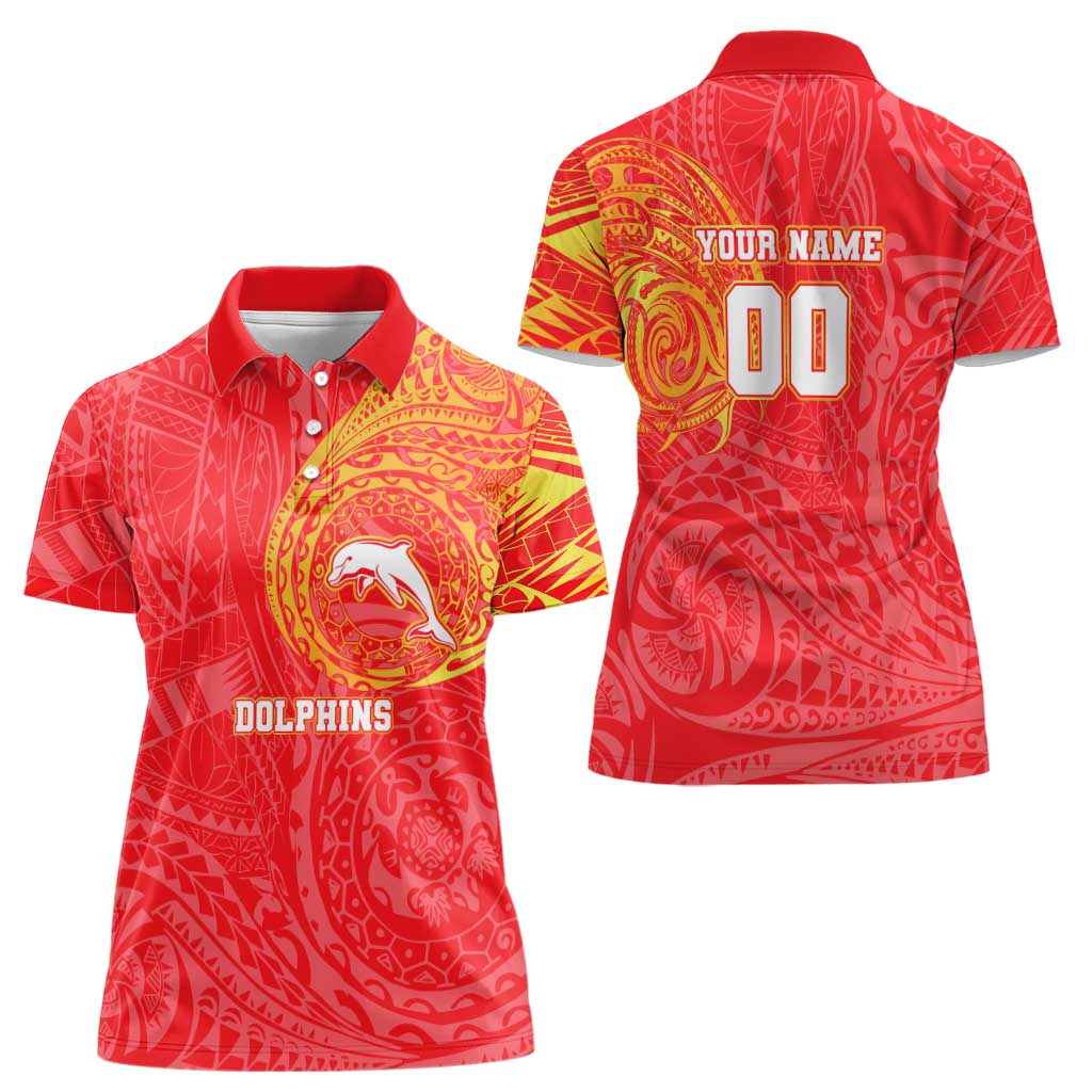 Personalized Dolphins Women Polo Shirt Polynesian Tribal Chest and Sleeve Tattoo