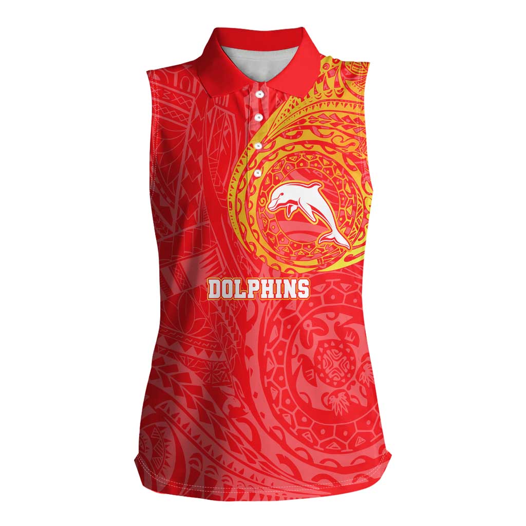 Personalized Dolphins Women Sleeveless Polo Shirt Polynesian Tribal Chest and Sleeve Tattoo