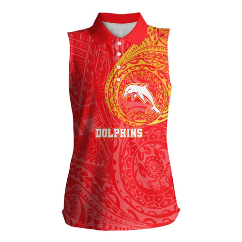 Personalized Dolphins Women Sleeveless Polo Shirt Polynesian Tribal Chest and Sleeve Tattoo