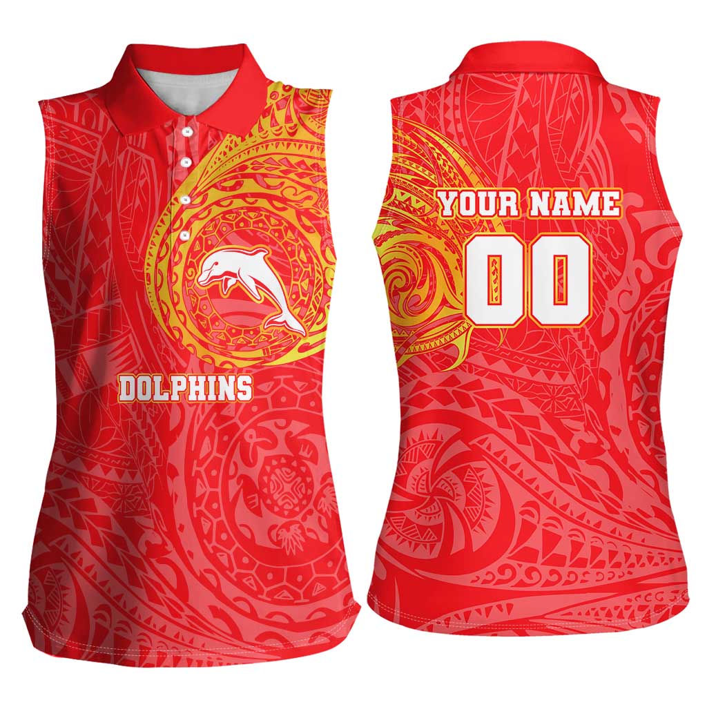 Personalized Dolphins Women Sleeveless Polo Shirt Polynesian Tribal Chest and Sleeve Tattoo