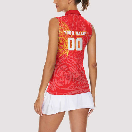 Personalized Dolphins Women Sleeveless Polo Shirt Polynesian Tribal Chest and Sleeve Tattoo