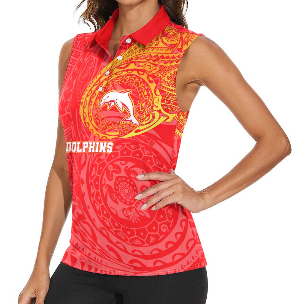 Personalized Dolphins Women Sleeveless Polo Shirt Polynesian Tribal Chest and Sleeve Tattoo