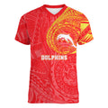 Personalized Dolphins Women V-Neck T-Shirt Polynesian Tribal Chest and Sleeve Tattoo
