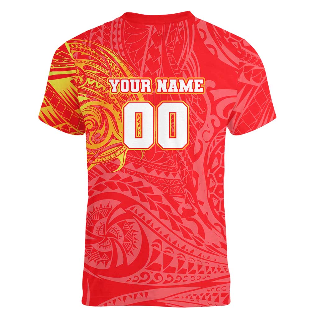 Personalized Dolphins Women V-Neck T-Shirt Polynesian Tribal Chest and Sleeve Tattoo
