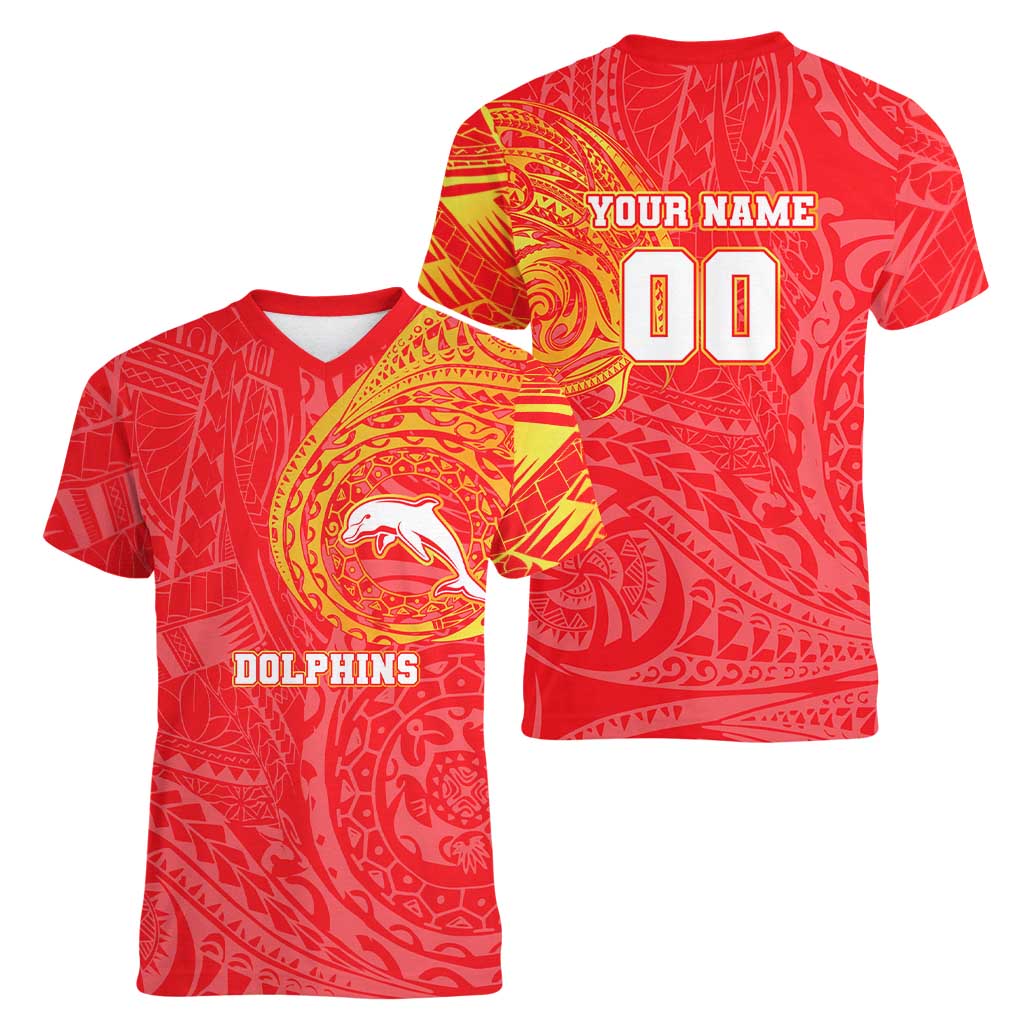 Personalized Dolphins Women V-Neck T-Shirt Polynesian Tribal Chest and Sleeve Tattoo