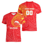 Personalized Dolphins Women V-Neck T-Shirt Polynesian Tribal Chest and Sleeve Tattoo
