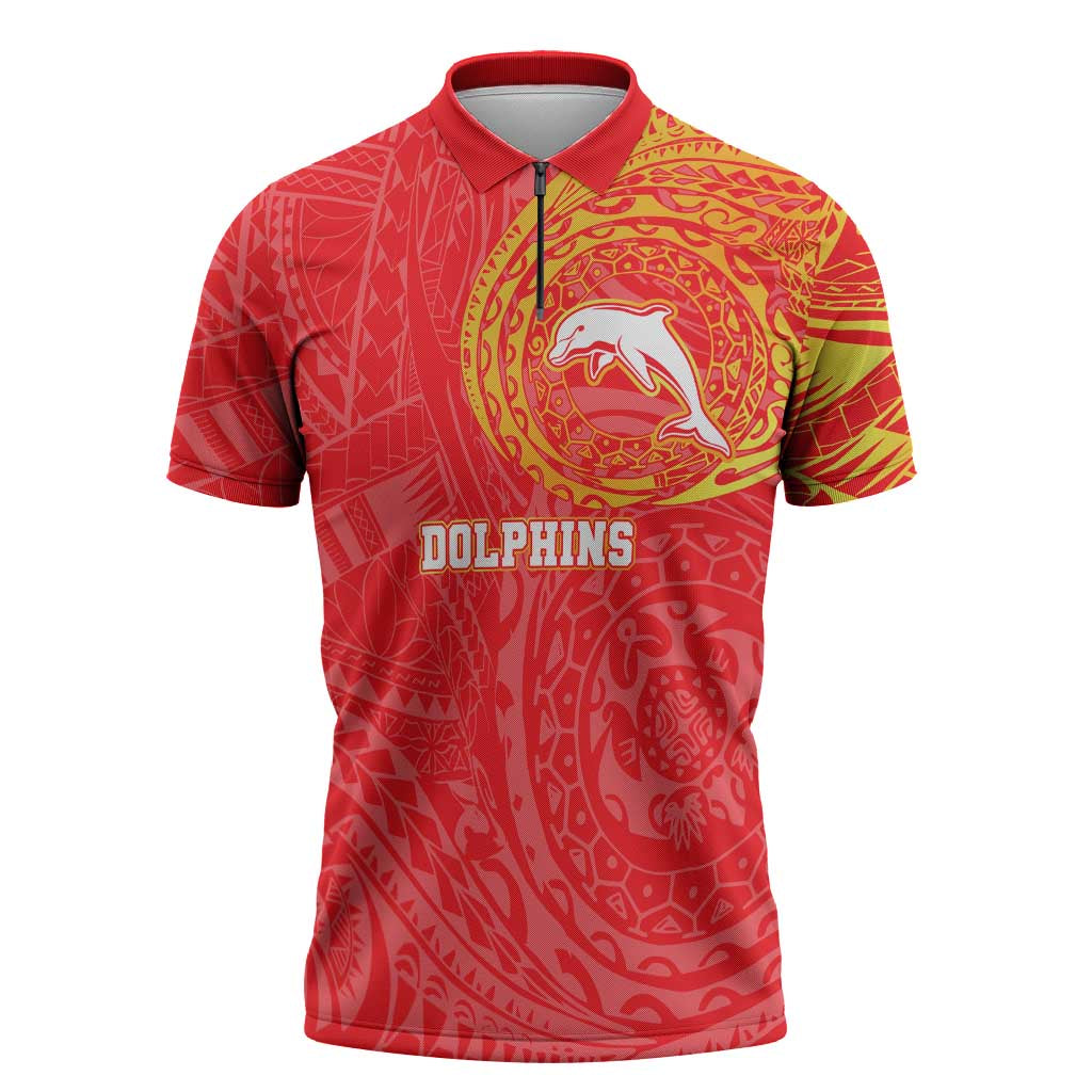 Personalized Dolphins Zipper Polo Shirt Polynesian Tribal Chest and Sleeve Tattoo