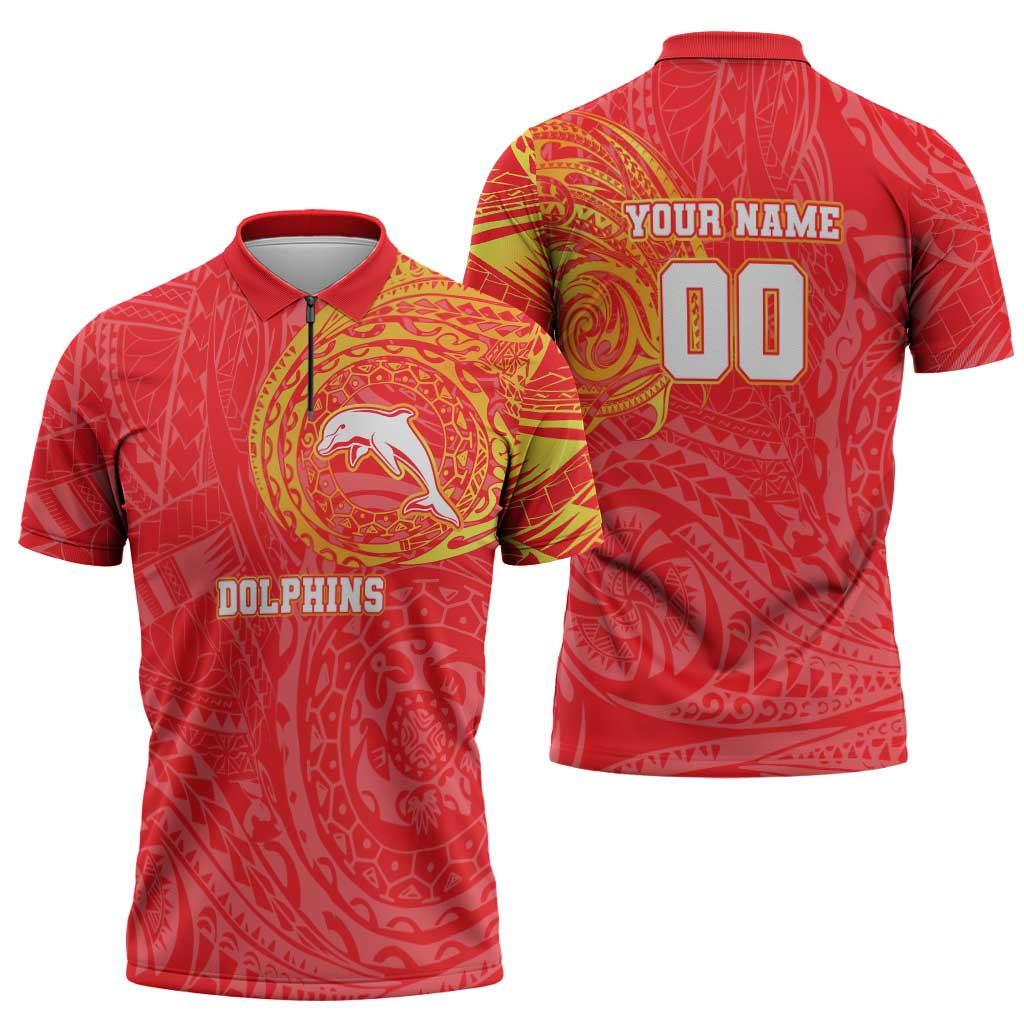 Personalized Dolphins Zipper Polo Shirt Polynesian Tribal Chest and Sleeve Tattoo