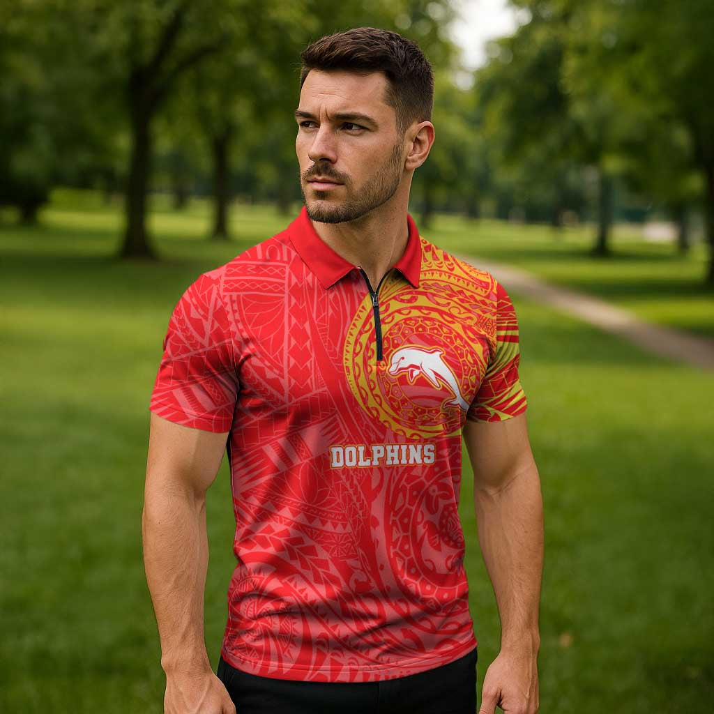 Personalized Dolphins Zipper Polo Shirt Polynesian Tribal Chest and Sleeve Tattoo