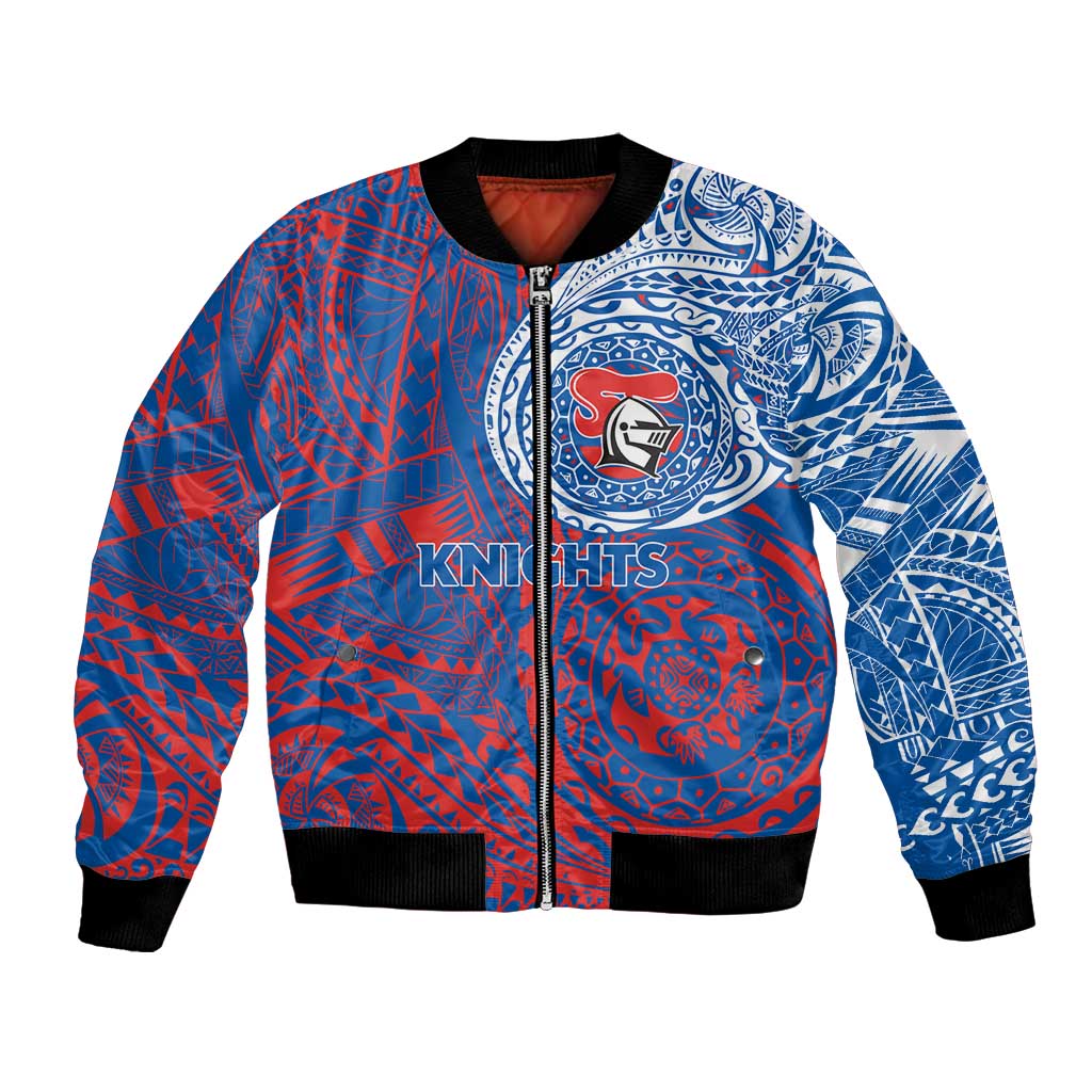 Personalized Newcastle Knights Bomber Jacket Polynesian Tribal Chest and Sleeve Tattoo