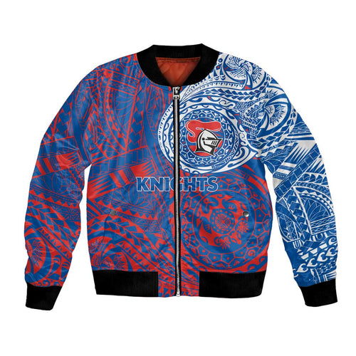 Personalized Newcastle Knights Bomber Jacket Polynesian Tribal Chest and Sleeve Tattoo
