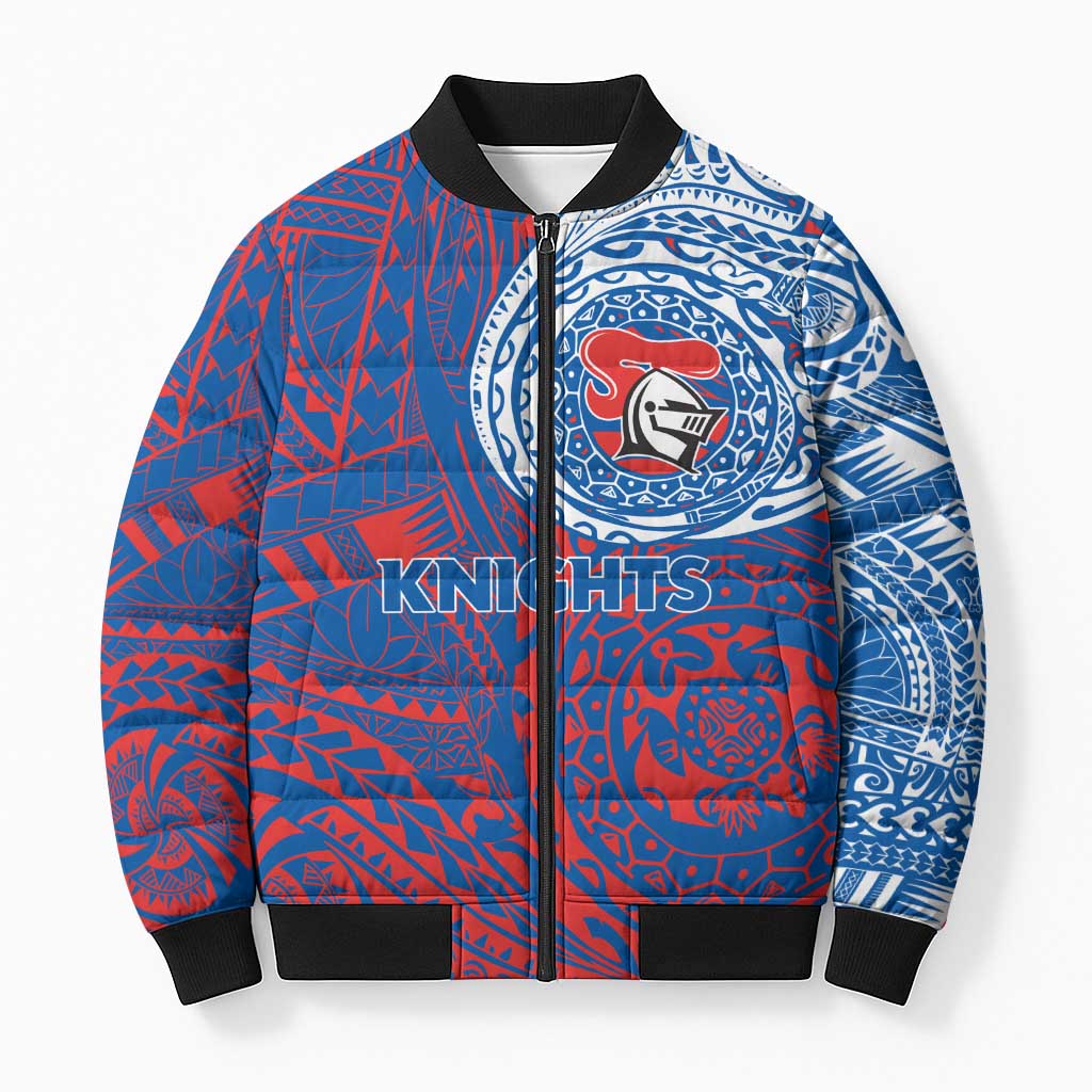 Personalized Newcastle Knights Bomber Puffer Jacket Polynesian Tribal Chest and Sleeve Tattoo
