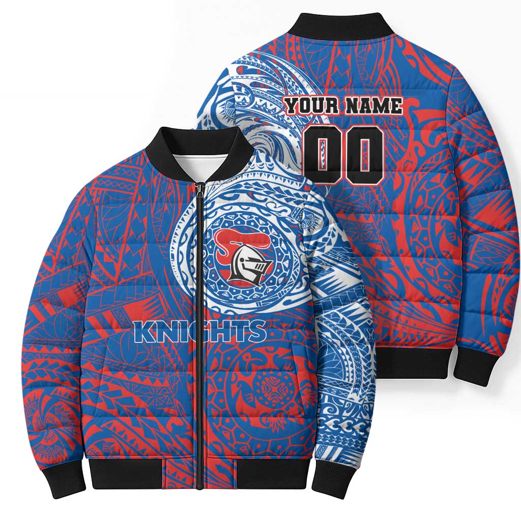 Personalized Newcastle Knights Bomber Puffer Jacket Polynesian Tribal Chest and Sleeve Tattoo