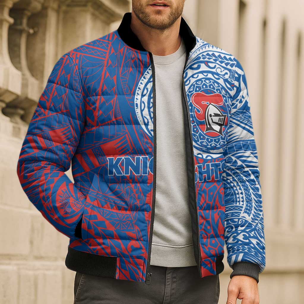 Personalized Newcastle Knights Bomber Puffer Jacket Polynesian Tribal Chest and Sleeve Tattoo