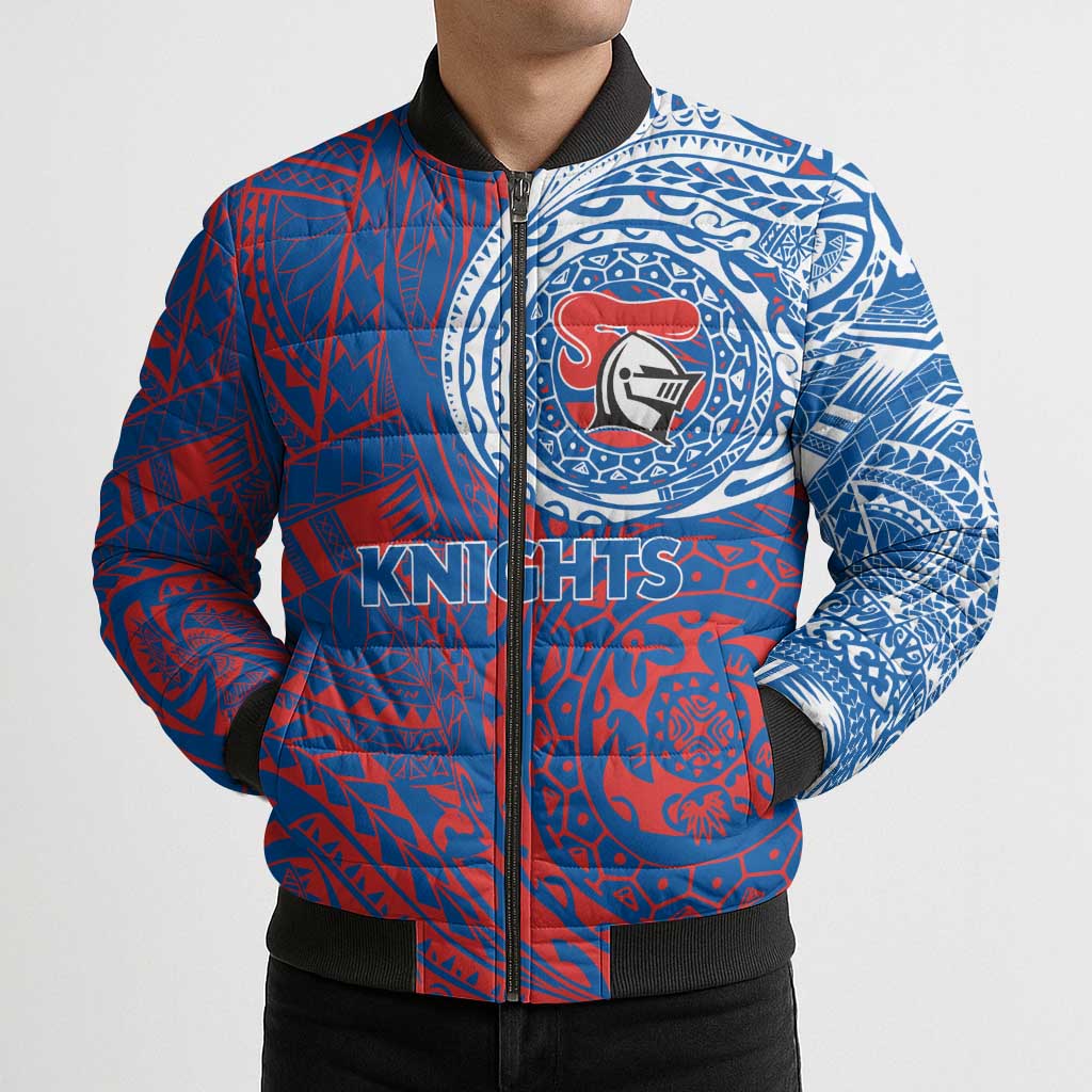 Personalized Newcastle Knights Bomber Puffer Jacket Polynesian Tribal Chest and Sleeve Tattoo