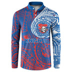Personalized Newcastle Knights Button Sweatshirt Polynesian Tribal Chest and Sleeve Tattoo
