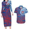 Personalized Newcastle Knights Couples Matching Long Sleeve Bodycon Dress and Hawaiian Shirt Polynesian Tribal Chest and Sleeve Tattoo