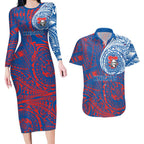 Personalized Newcastle Knights Couples Matching Long Sleeve Bodycon Dress and Hawaiian Shirt Polynesian Tribal Chest and Sleeve Tattoo