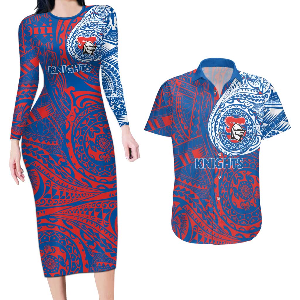 Personalized Newcastle Knights Couples Matching Long Sleeve Bodycon Dress and Hawaiian Shirt Polynesian Tribal Chest and Sleeve Tattoo