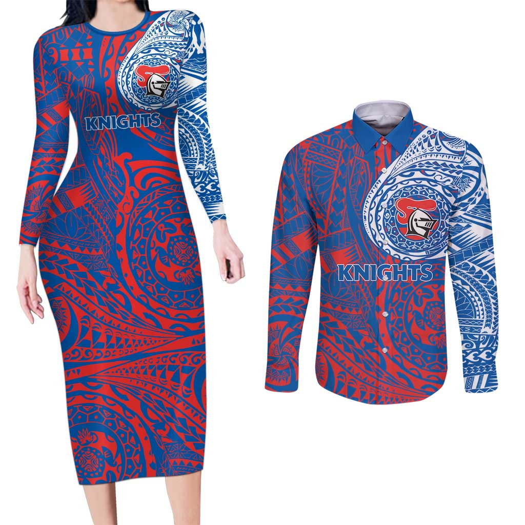 Personalized Newcastle Knights Couples Matching Long Sleeve Bodycon Dress and Long Sleeve Button Shirt Polynesian Tribal Chest and Sleeve Tattoo