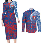 Personalized Newcastle Knights Couples Matching Long Sleeve Bodycon Dress and Long Sleeve Button Shirt Polynesian Tribal Chest and Sleeve Tattoo