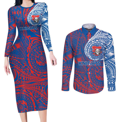 Personalized Newcastle Knights Couples Matching Long Sleeve Bodycon Dress and Long Sleeve Button Shirt Polynesian Tribal Chest and Sleeve Tattoo