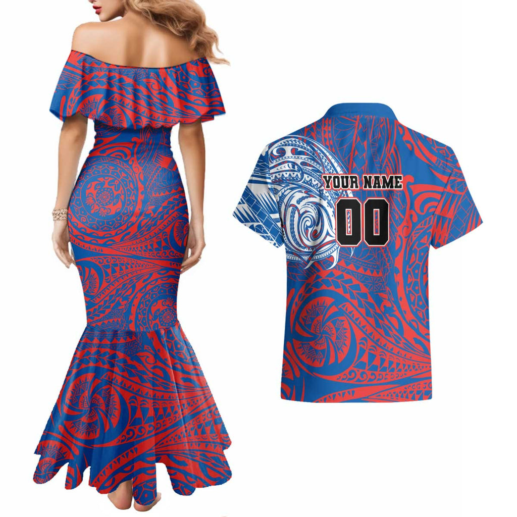 Personalized Newcastle Knights Couples Matching Mermaid Dress and Hawaiian Shirt Polynesian Tribal Chest and Sleeve Tattoo