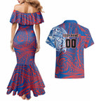 Personalized Newcastle Knights Couples Matching Mermaid Dress and Hawaiian Shirt Polynesian Tribal Chest and Sleeve Tattoo