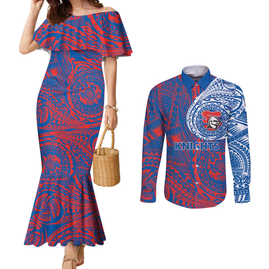 Personalized Newcastle Knights Couples Matching Mermaid Dress and Long Sleeve Button Shirt Polynesian Tribal Chest and Sleeve Tattoo