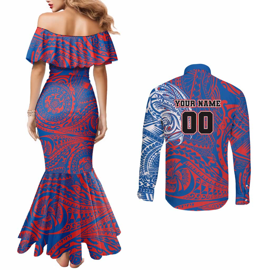 Personalized Newcastle Knights Couples Matching Mermaid Dress and Long Sleeve Button Shirt Polynesian Tribal Chest and Sleeve Tattoo