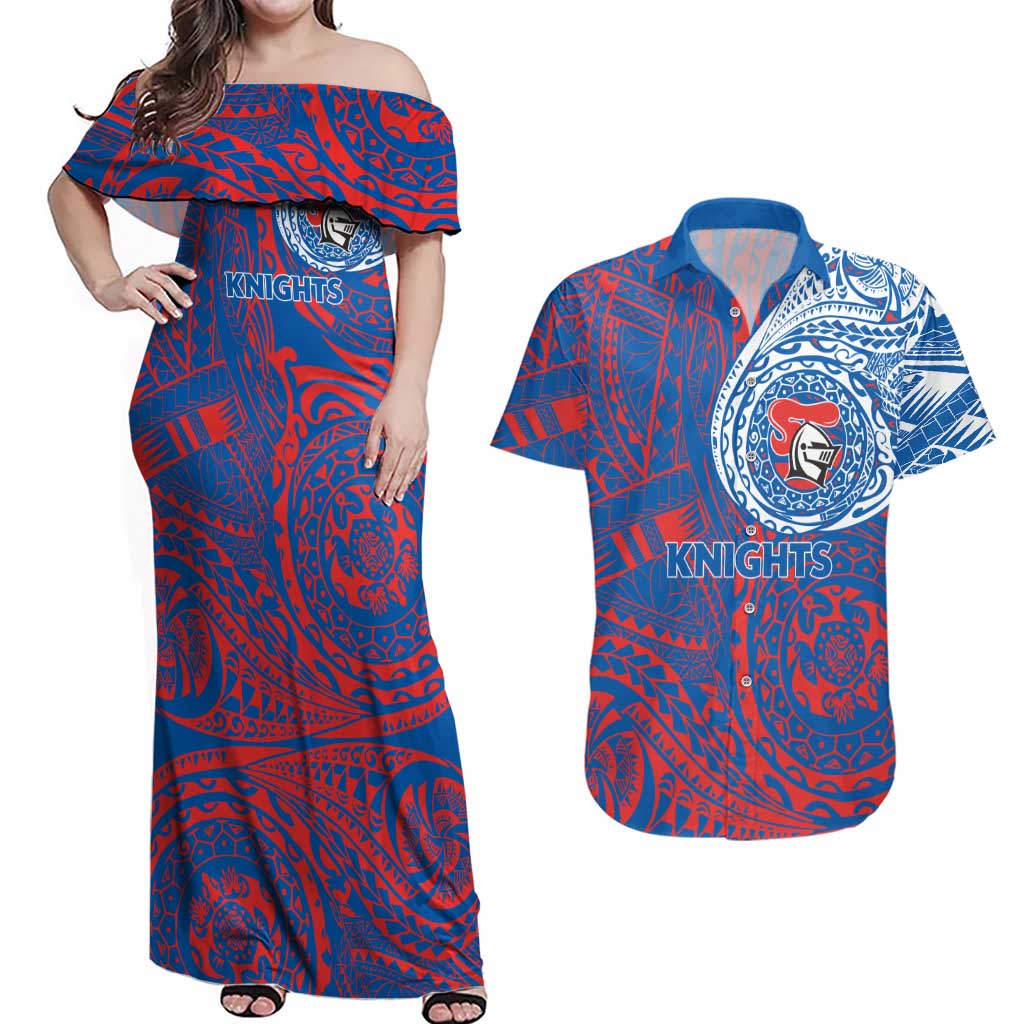 Personalized Newcastle Knights Couples Matching Off Shoulder Maxi Dress and Hawaiian Shirt Polynesian Tribal Chest and Sleeve Tattoo