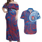 Personalized Newcastle Knights Couples Matching Off Shoulder Maxi Dress and Hawaiian Shirt Polynesian Tribal Chest and Sleeve Tattoo