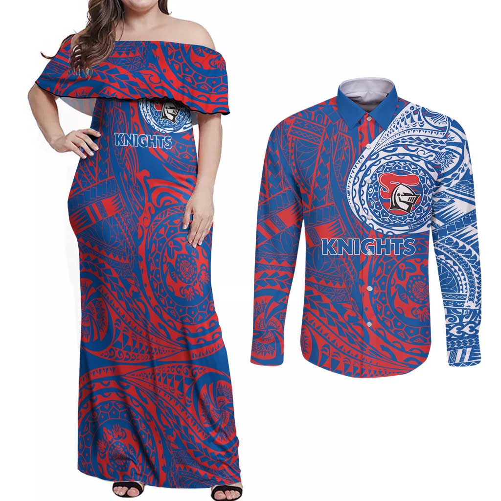 Personalized Newcastle Knights Couples Matching Off Shoulder Maxi Dress and Long Sleeve Button Shirt Polynesian Tribal Chest and Sleeve Tattoo