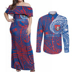 Personalized Newcastle Knights Couples Matching Off Shoulder Maxi Dress and Long Sleeve Button Shirt Polynesian Tribal Chest and Sleeve Tattoo