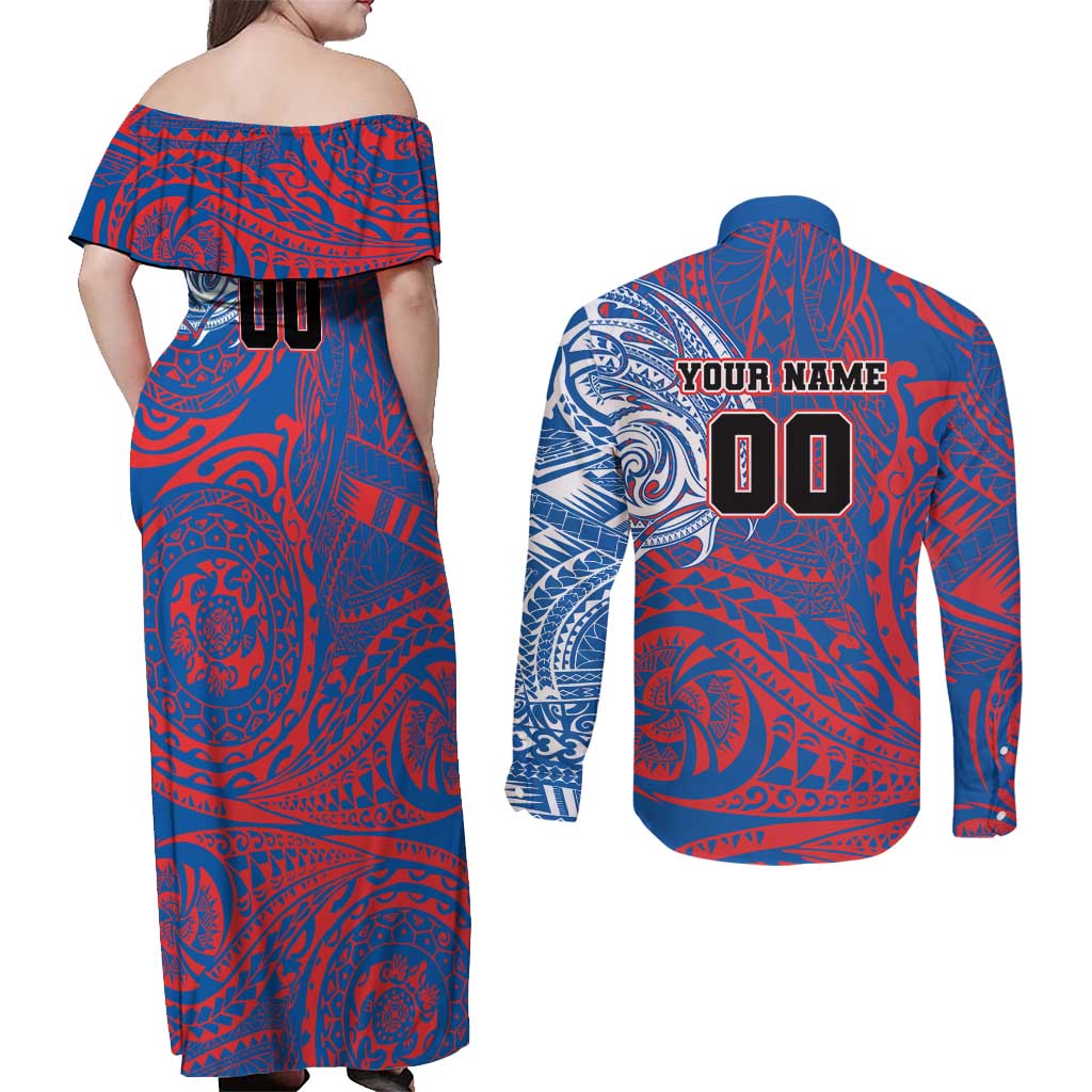 Personalized Newcastle Knights Couples Matching Off Shoulder Maxi Dress and Long Sleeve Button Shirt Polynesian Tribal Chest and Sleeve Tattoo