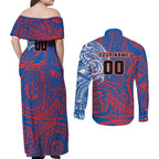 Personalized Newcastle Knights Couples Matching Off Shoulder Maxi Dress and Long Sleeve Button Shirt Polynesian Tribal Chest and Sleeve Tattoo