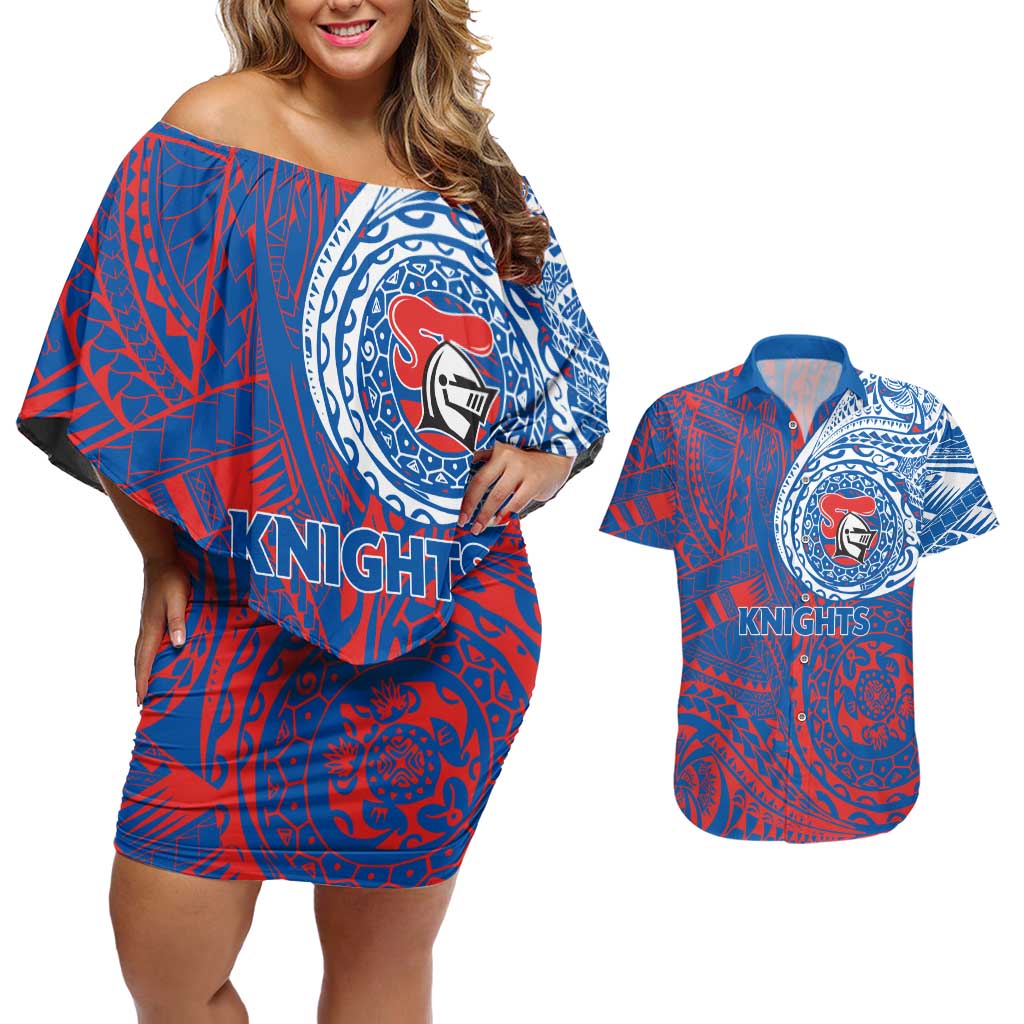 Personalized Newcastle Knights Couples Matching Off Shoulder Short Dress and Hawaiian Shirt Polynesian Tribal Chest and Sleeve Tattoo