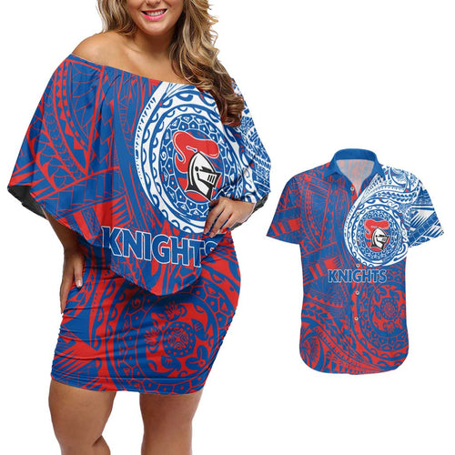 Personalized Newcastle Knights Couples Matching Off Shoulder Short Dress and Hawaiian Shirt Polynesian Tribal Chest and Sleeve Tattoo