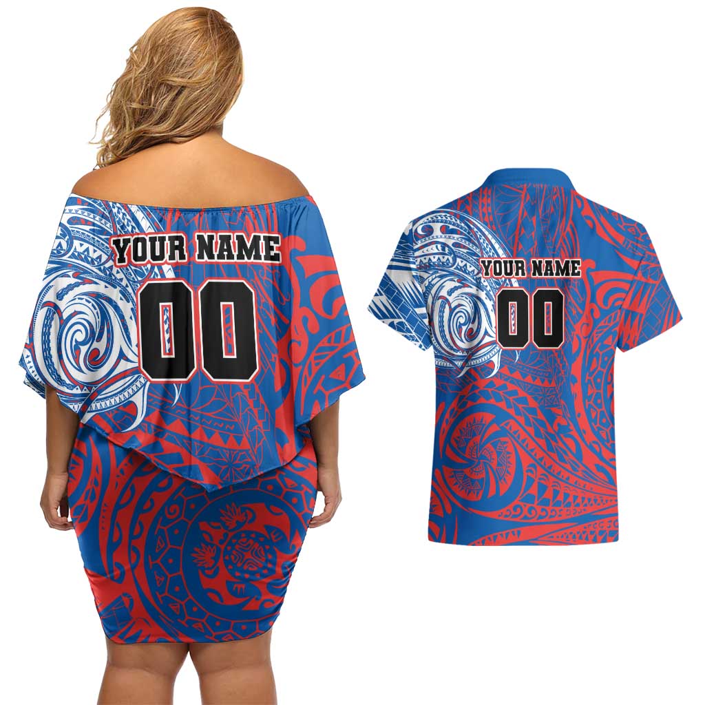 Personalized Newcastle Knights Couples Matching Off Shoulder Short Dress and Hawaiian Shirt Polynesian Tribal Chest and Sleeve Tattoo