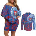 Personalized Newcastle Knights Couples Matching Off Shoulder Short Dress and Long Sleeve Button Shirt Polynesian Tribal Chest and Sleeve Tattoo