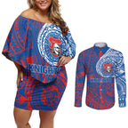 Personalized Newcastle Knights Couples Matching Off Shoulder Short Dress and Long Sleeve Button Shirt Polynesian Tribal Chest and Sleeve Tattoo