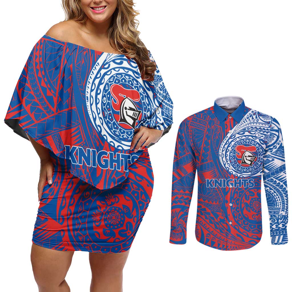 Personalized Newcastle Knights Couples Matching Off Shoulder Short Dress and Long Sleeve Button Shirt Polynesian Tribal Chest and Sleeve Tattoo