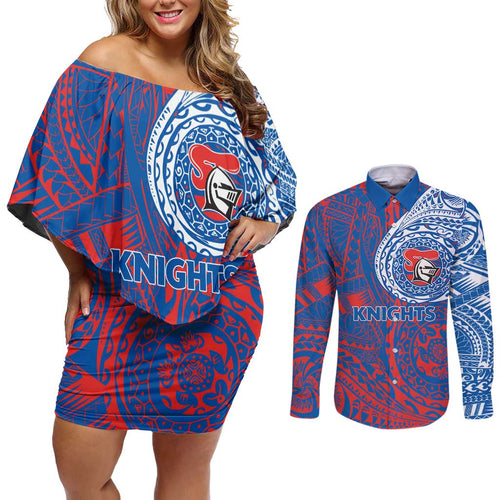 Personalized Newcastle Knights Couples Matching Off Shoulder Short Dress and Long Sleeve Button Shirt Polynesian Tribal Chest and Sleeve Tattoo